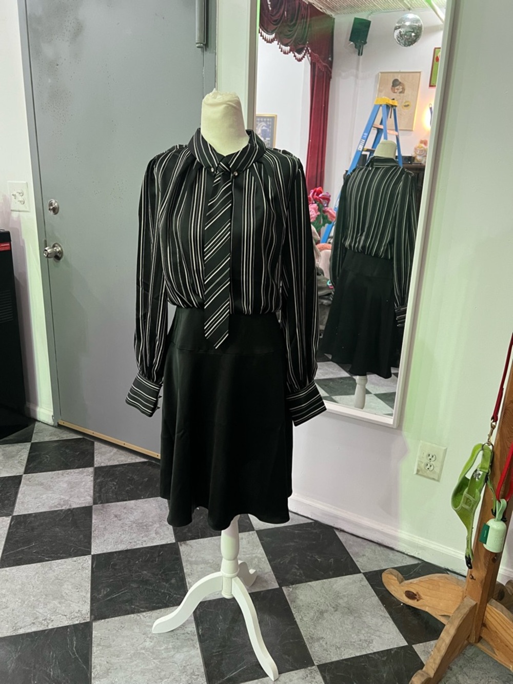 Karl Lagerfeld Black and White Striped Dress with Tie